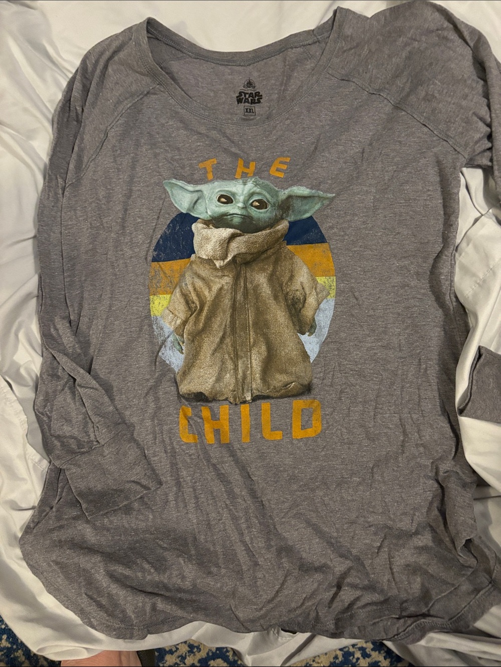 Star Wars Gray Long Sleeve Tee with The Child Graphic and Yellow Accent